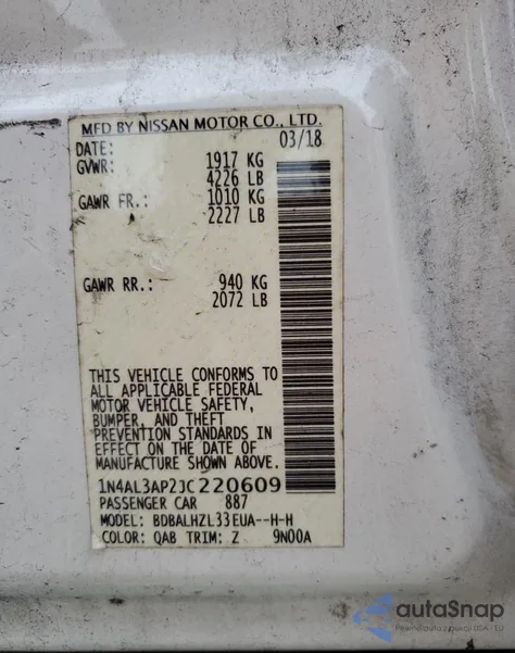 2018 Nissan Altima 2.5 z USA, uszkodzony, nr VIN 1N4AL3AP2JC220609